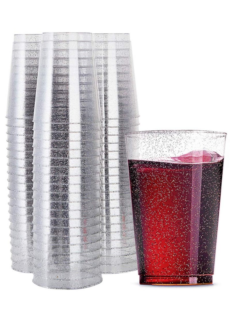 KASTWAVE Plastic Cups, 50 Count 10 oz Silver Glitter Clear Plastic Cups Tumblers, Hard Plastic Disposable Cups For Wedding Glasses Plastic Party Cups, Clear Plastic Cups Tumblers, Wedding, Party Cups  - Image 1