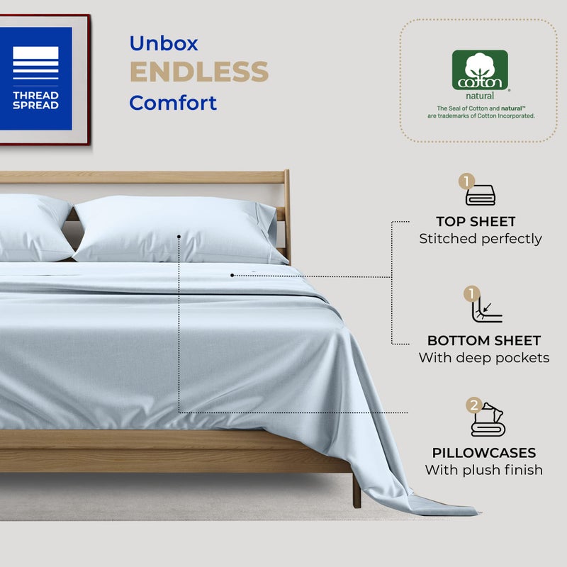 THREAD SPREAD 100% Cotton Sheets King Size - 400 Thread Count 4 Piece 100% Cotton Sheets for King Bed  Deep Pocket King Size Cotton Sheets Set for Hot Sleepers  Soft Cooling Luxury Sheets (Light Blue)
