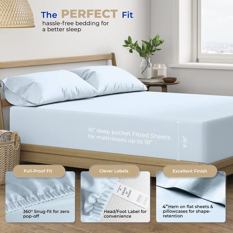 THREAD SPREAD 100% Cotton Sheets King Size - 400 Thread Count 4 Piece 100% Cotton Sheets for King Bed  Deep Pocket King Size Cotton Sheets Set for Hot Sleepers  Soft Cooling Luxury Sheets (Light Blue)