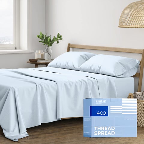 THREAD SPREAD 100% Cotton Sheets King Size - 400 Thread Count 4 Piece 100% Cotton Sheets for King Bed  Deep Pocket King Size Cotton Sheets Set for Hot Sleepers  Soft Cooling Luxury Sheets (Light Blue)