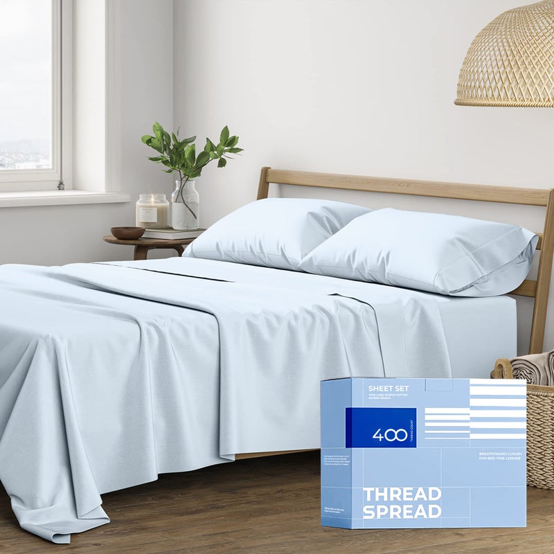 THREAD SPREAD 100% Cotton Sheets King Size - 400 Thread Count 4 Piece 100% Cotton Sheets for King Bed  Deep Pocket King Size Cotton Sheets Set for Hot Sleepers  Soft Cooling Luxury Sheets (Light Blue)