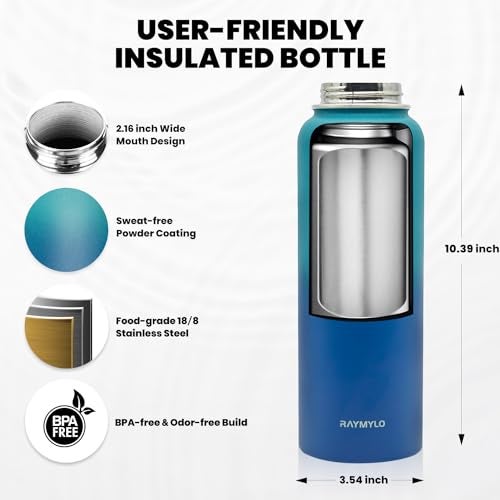 RAYMYLO Insulated Water Bottle 40 oz, Triple Wall Vacuum Stainless Steel (Cold for 48 Hrs), Leak Proof & Non-BPA, Modern Water Flask Jug with Paracord Handle & Straw Spout Lids, Cyan Blue - Image 5