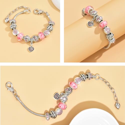 VTEAS 2 Pack Charm Bracelets Pink and Gold Heart Silver Plated Charm Bracelet, DIY Jewelry for Women Gifts, with Beads, Crystal, Charms, Love and Adjustable Snake Chain, Fits 7.5"+1.5" - Image 4