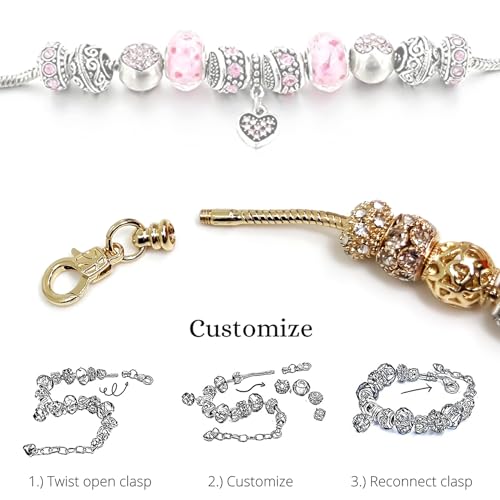 VTEAS 2 Pack Charm Bracelets Pink and Gold Heart Silver Plated Charm Bracelet, DIY Jewelry for Women Gifts, with Beads, Crystal, Charms, Love and Adjustable Snake Chain, Fits 7.5"+1.5" - Image 5