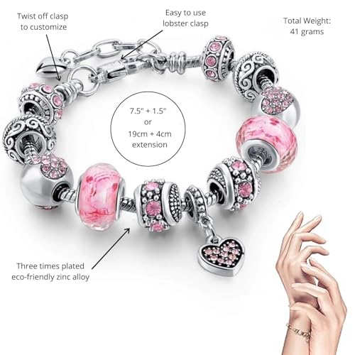 VTEAS 2 Pack Charm Bracelets Pink and Gold Heart Silver Plated Charm Bracelet, DIY Jewelry for Women Gifts, with Beads, Crystal, Charms, Love and Adjustable Snake Chain, Fits 7.5"+1.5" - Image 3