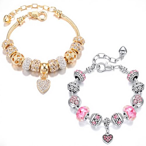 VTEAS 2 Pack Charm Bracelets Pink and Gold Heart Silver Plated Charm Bracelet, DIY Jewelry for Women Gifts, with Beads, Crystal, Charms, Love and Adjustable Snake Chain, Fits 7.5"+1.5" - Image 1