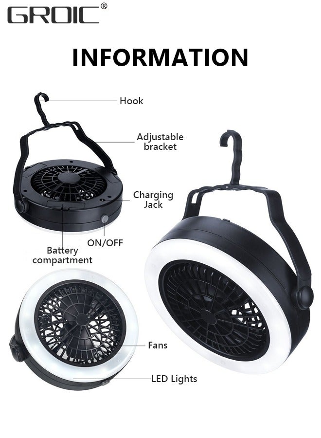 GROIC Portable Camping Fan with LED Lantern, USB Rechargeable Waterproof Tent Fan with Hanging Hook Survival Kits for Indoor Outdoor Hiking Car Office Desk Outdoor Emergency Power Outage - Image 4