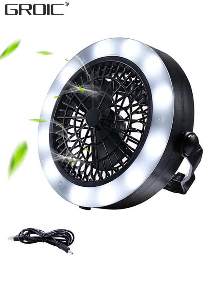 GROIC Portable Camping Fan with LED Lantern, USB Rechargeable Waterproof Tent Fan with Hanging Hook Survival Kits for Indoor Outdoor Hiking Car Office Desk Outdoor Emergency Power Outage - Image 1
