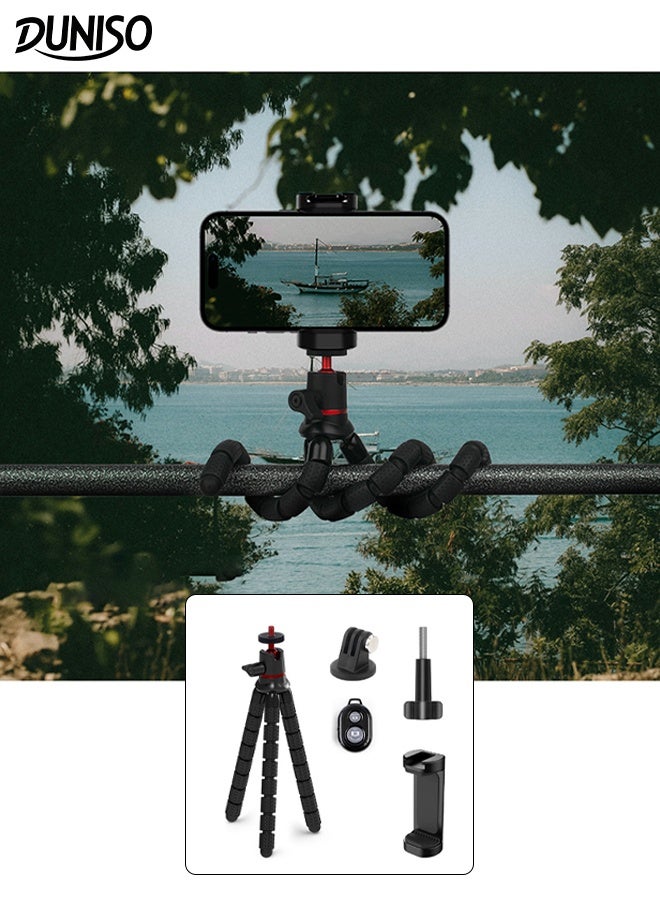 DUNISO Flexible Mini Tripod Holder Tabletop Travel Portable and Flexible Camera Stand Holder with Gopro Accessories, Phone Clip, and Bluetooth Remote Control Portable Octopus Camera Gorrila Pod Bendy Legs Grip for Phones, Webcam, Camcorder  - Image 1