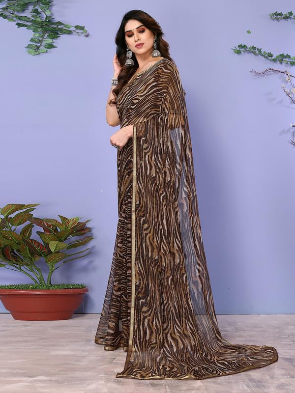 Satrani Women's Chiffon Animal Print & Lace Saree with Unstitched Blouse Piece (3296S571NA_Brown3) - Image 2