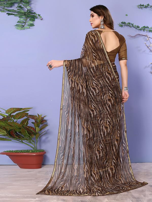 Satrani Women's Chiffon Animal Print & Lace Saree with Unstitched Blouse Piece (3296S571NA_Brown3) - Image 3