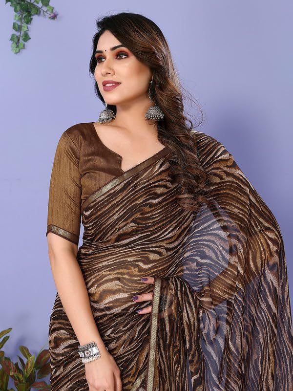 Satrani Women's Chiffon Animal Print & Lace Saree with Unstitched Blouse Piece (3296S571NA_Brown3) - Image 5