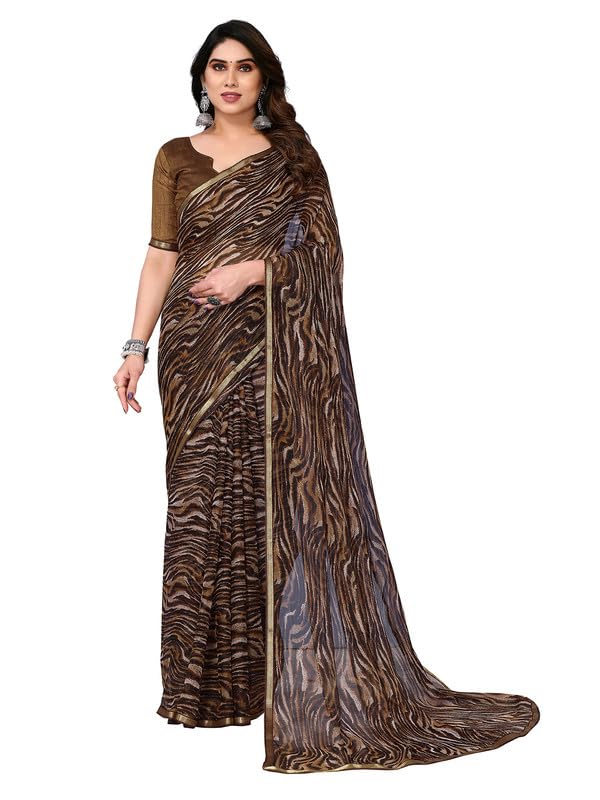 Satrani Women's Chiffon Animal Print & Lace Saree with Unstitched Blouse Piece (3296S571NA_Brown3) - Image 1