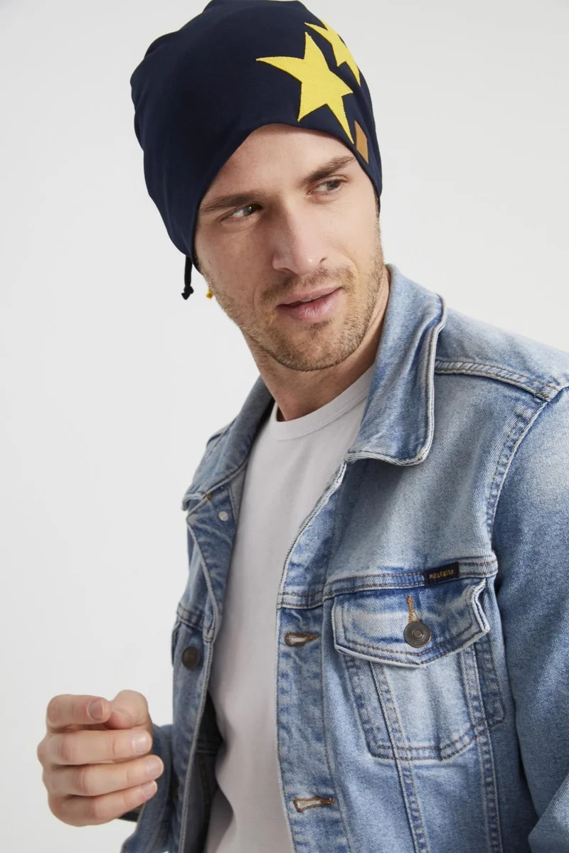 بوتيكجيز Yellow Navy Blue Star Legendary Striped String 4 Season Hat Beanie Buff Soft Combed Cotton