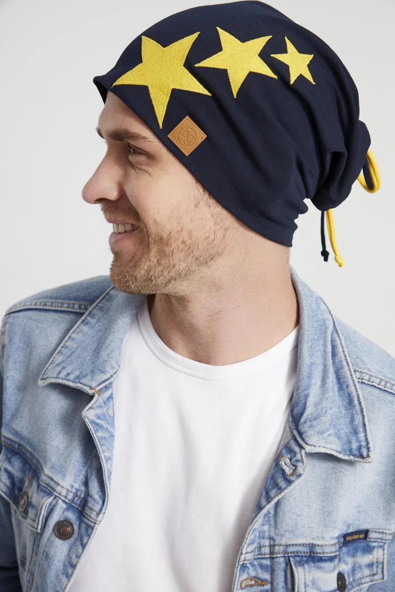 بوتيكجيز Yellow Navy Blue Star Legendary Striped String 4 Season Hat Beanie Buff Soft Combed Cotton