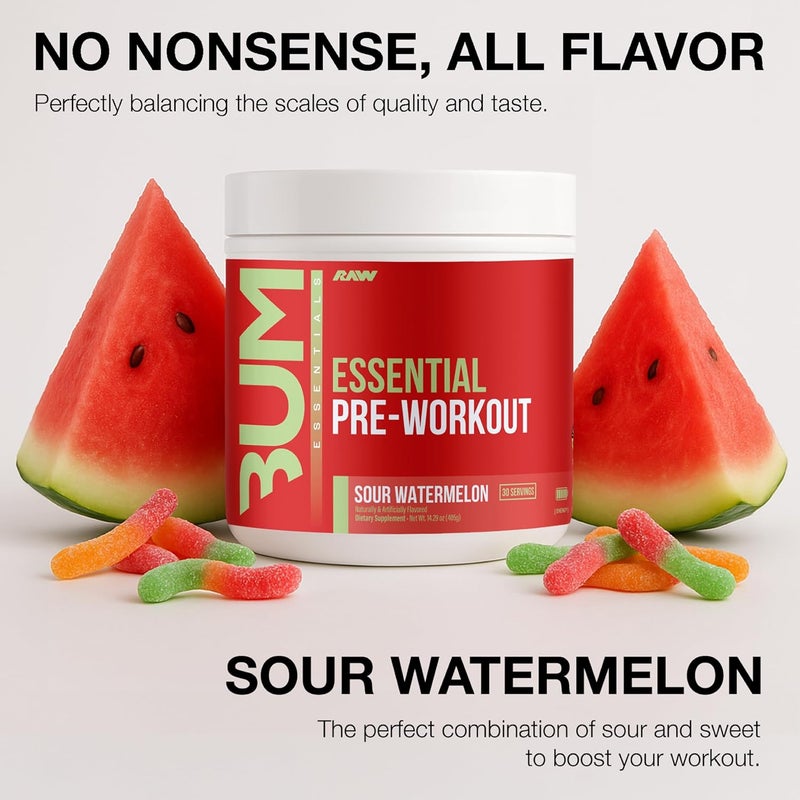 Raw مسحوق ما قبل التمرين الأساسي RAW بنكهة البطيخ الحامض  مكمل غذائي من كريس بومستيد للرجال والنساء  مسحوق طاقة ما قبل التمرين مع الكافيين  L-Citrulline  L-Tyrosine  مزيج بيتا ألانين - Image 3
