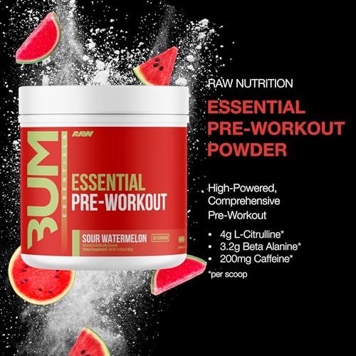 RAW Essential PreWorkout Powder Sour Watermelon Chris Bumstead Sports Nutrition Supplement for Men Women Preworkout Energy Powder with Caffeine LCitrulline LTyrosine Beta Alanine Blend - Image 3