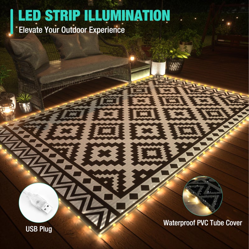 HAUSHOF 5'X8' Outdoor Rug Waterproof with LED Strip Light, Reversible Outdoor Plastic Straw Rug, Patio Rug with 4 Rug Stakes, Outdoor Carpet Mat for RV, Camping, Beach, Porch, Balcony, Black&White - Image 2