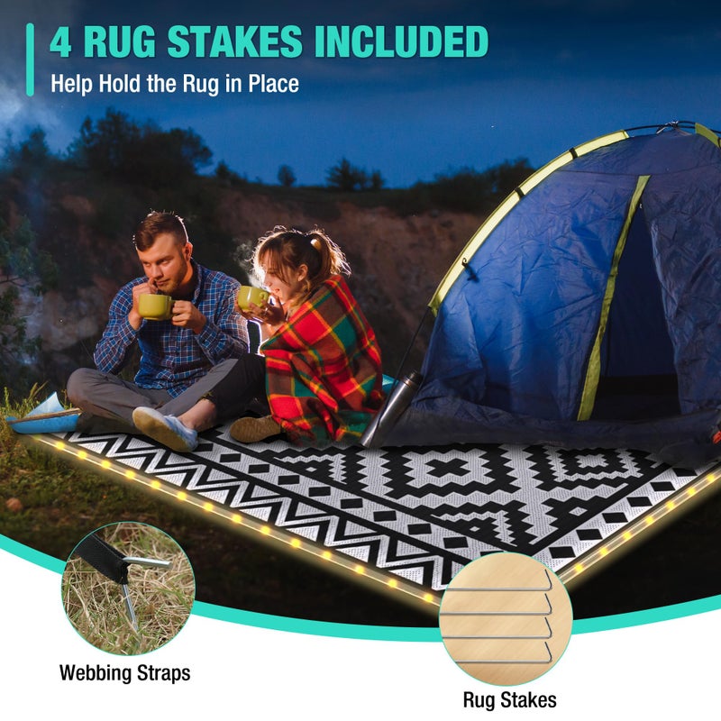 HAUSHOF 5'X8' Outdoor Rug Waterproof with LED Strip Light, Reversible Outdoor Plastic Straw Rug, Patio Rug with 4 Rug Stakes, Outdoor Carpet Mat for RV, Camping, Beach, Porch, Balcony, Black&White - Image 3