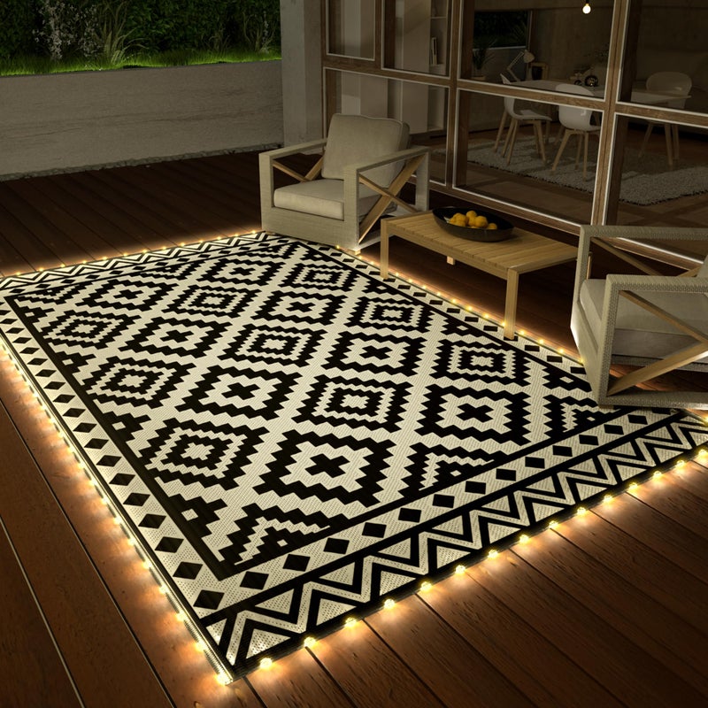 HAUSHOF 5'X8' Outdoor Rug Waterproof with LED Strip Light, Reversible Outdoor Plastic Straw Rug, Patio Rug with 4 Rug Stakes, Outdoor Carpet Mat for RV, Camping, Beach, Porch, Balcony, Black&White - Image 1