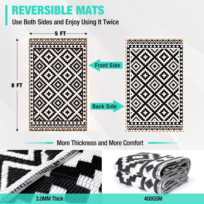 HAUSHOF 5'X8' Outdoor Rug Waterproof with LED Strip Light, Reversible Outdoor Plastic Straw Rug, Patio Rug with 4 Rug Stakes, Outdoor Carpet Mat for RV, Camping, Beach, Porch, Balcony, Black&White - Image 4