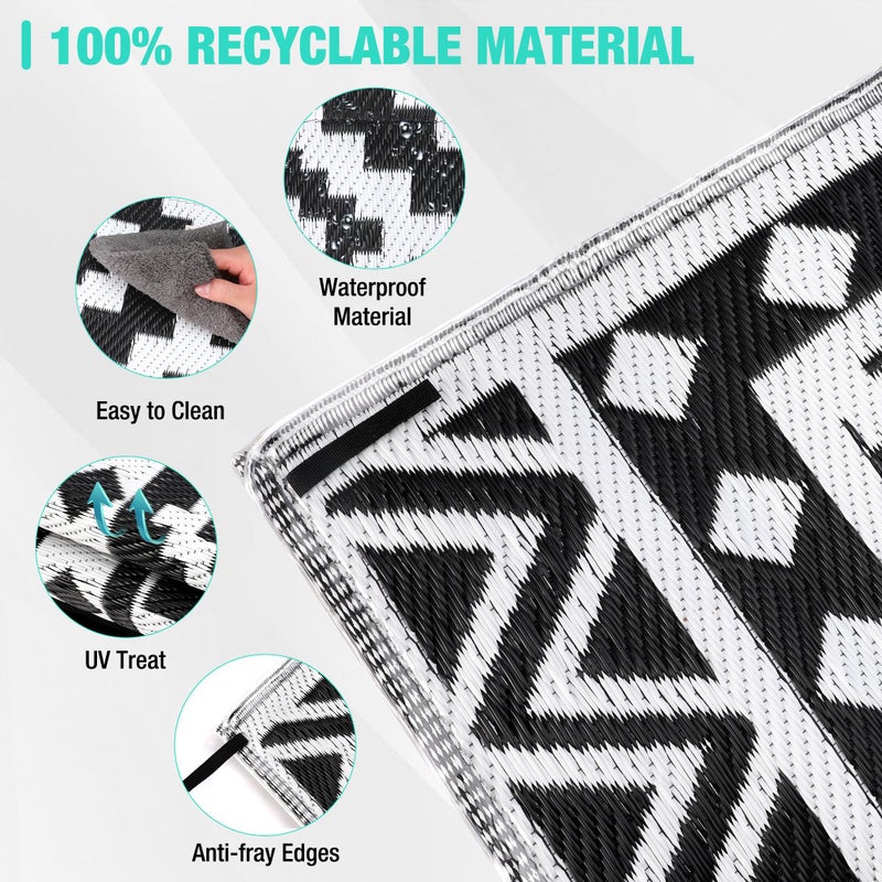 HAUSHOF 5'X8' Outdoor Rug Waterproof with LED Strip Light, Reversible Outdoor Plastic Straw Rug, Patio Rug with 4 Rug Stakes, Outdoor Carpet Mat for RV, Camping, Beach, Porch, Balcony, Black&White - Image 5