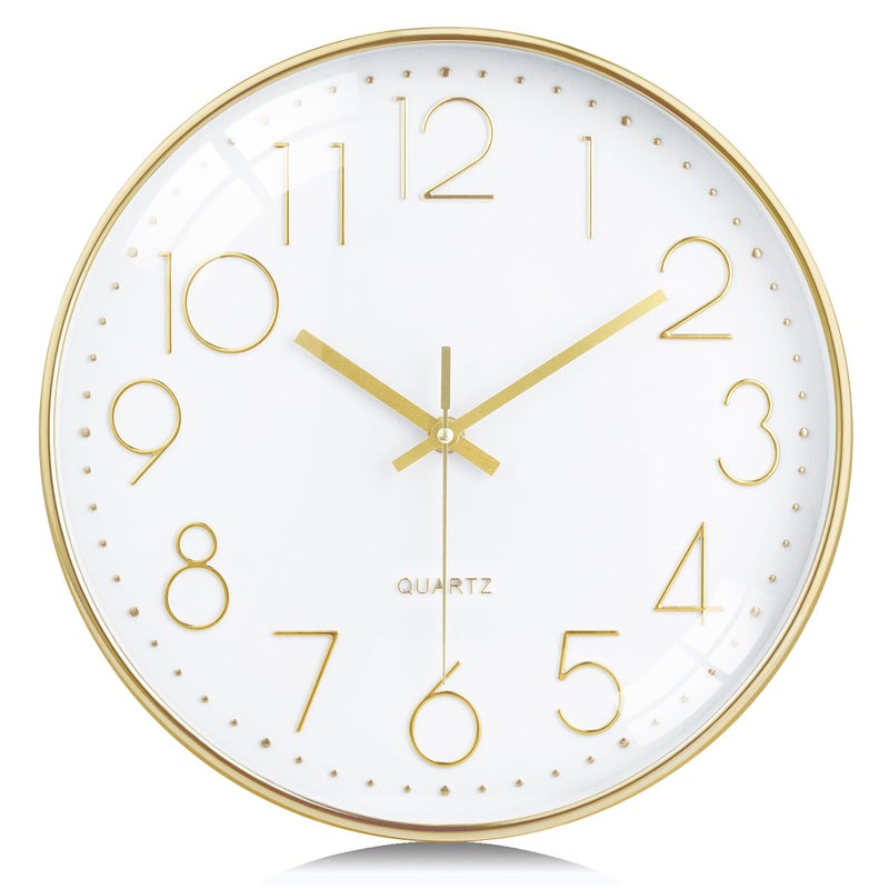 Lafocuse 12 Inch Gold Wall Clock Silent Non Ticking with 3D Numerals Modern Decorative Clocks for Living Room Kitchen Bedrooms Office Home