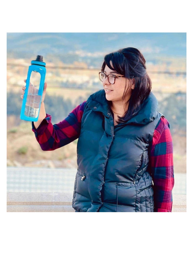 Excefore 32 oz Glass Water Bottle with Time Marks and Silicone Sleeve - Flip Lid, Motivational Water Bottles for Hydration, Reusable, Wide Mouth, Leakproof, 1 Liter Glass Drinking Bottle, BPA Free  - Image 2