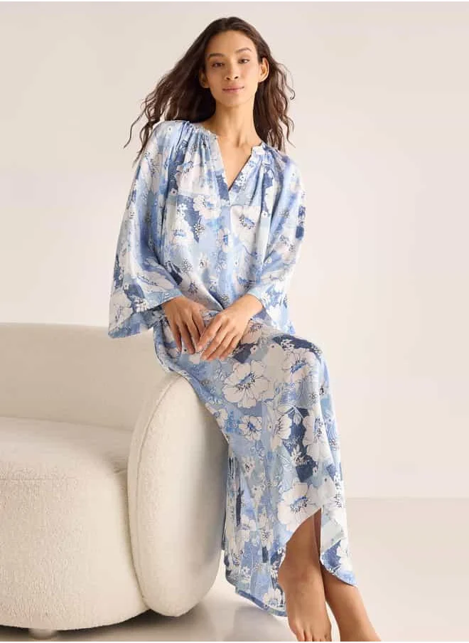 FAV Floral Print Night Dress with Collar and Long Sleeves