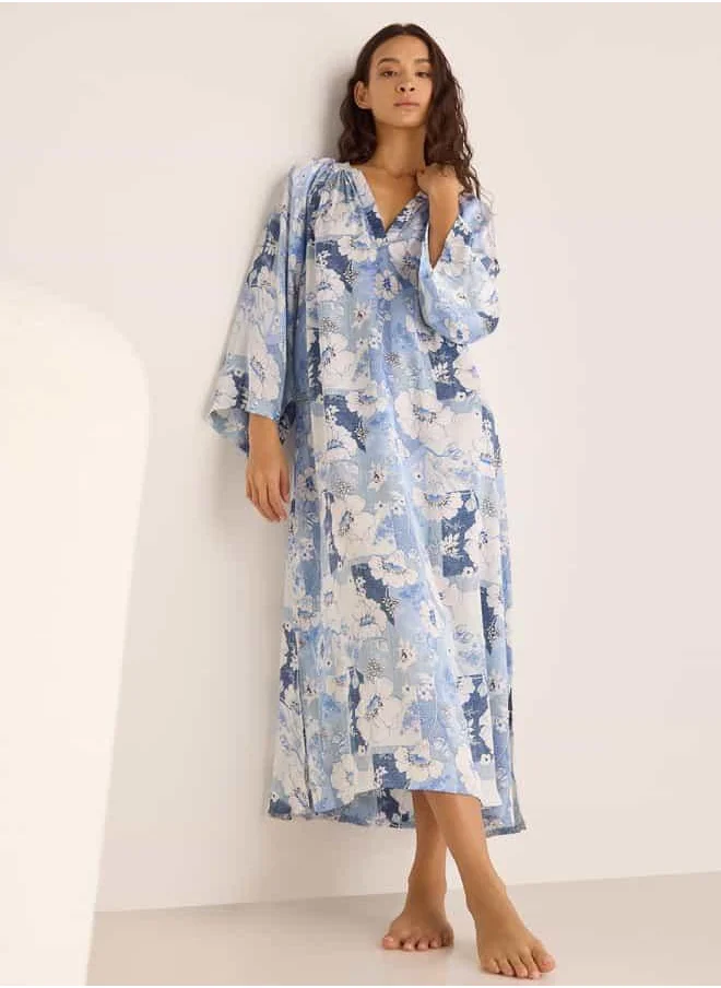 FAV Floral Print Night Dress with Collar and Long Sleeves