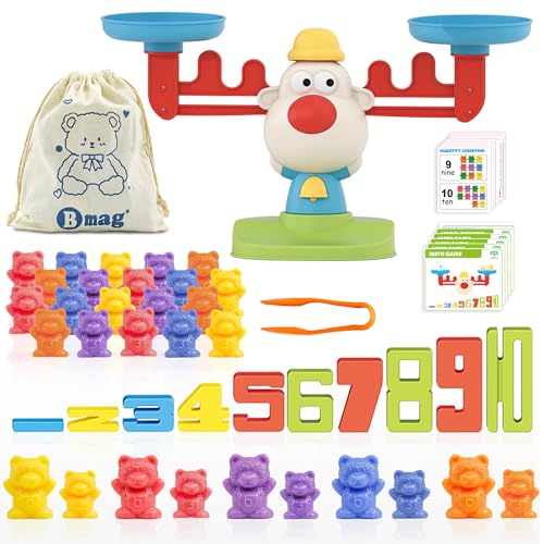 Bmag Balance Math Toys 3 in 1 Counting Stacking and Balancing Math Learning Game for Kids STEM Learning Activities Educational Toys with 30 Bears 10 Numberblocks 1 Tweezers 11 Activity Cards - Image 1