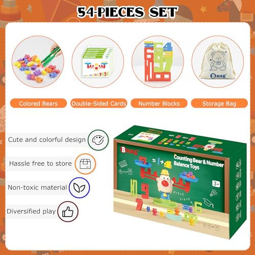 Bmag Balance Math Toys 3 in 1 Counting Stacking and Balancing Math Learning Game for Kids STEM Learning Activities Educational Toys with 30 Bears 10 Numberblocks 1 Tweezers 11 Activity Cards - Image 5