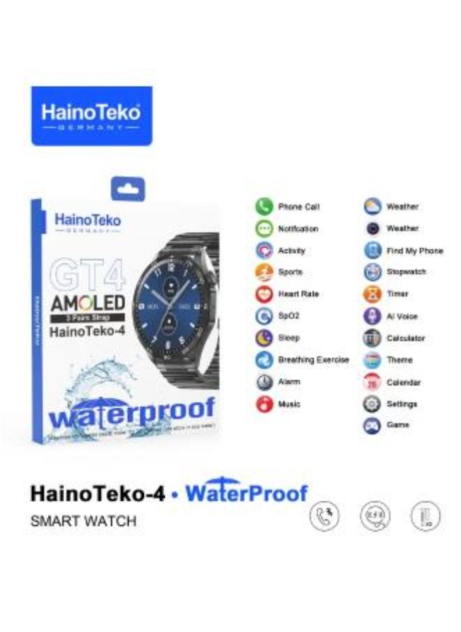 سمارت واتش HainoTeko-4 الذكية شاشة AMOLED هيكل تيتانيوم مقاومة للماء مع 3 استراب تدعم المكالمات واللغة العربية -اسود