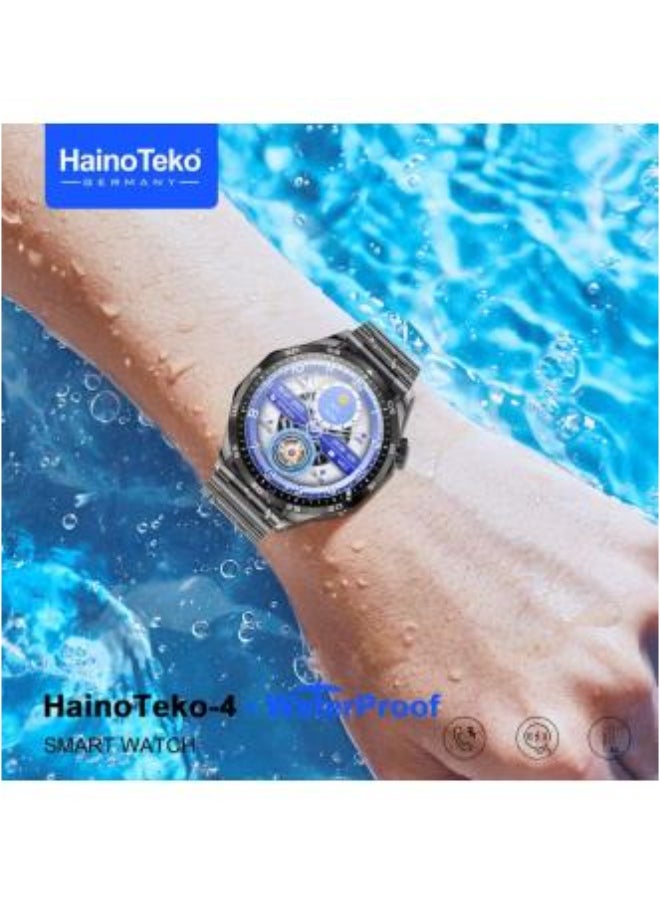 سمارت واتش HainoTeko-4 الذكية شاشة AMOLED هيكل تيتانيوم مقاومة للماء مع 3 استراب تدعم المكالمات واللغة العربية -اسود