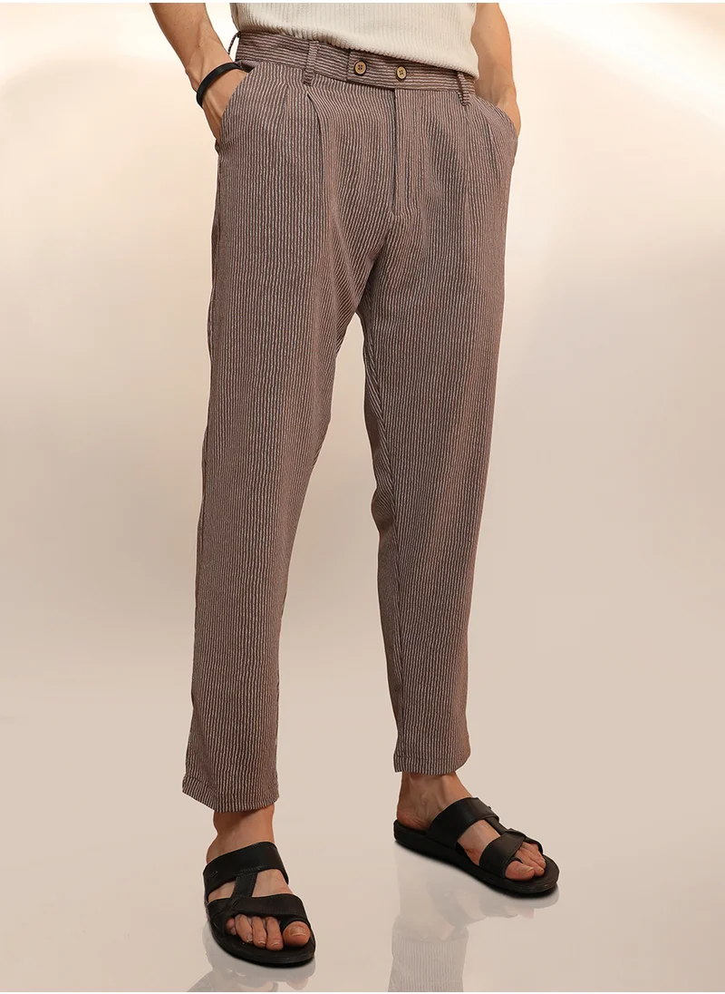 كامبوس سوترا Men's Mocha Brown Striped Tailored Trousers