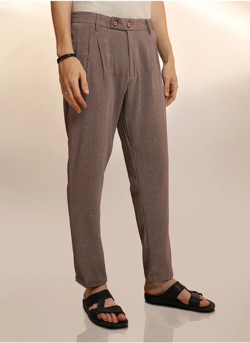 كامبوس سوترا Men's Mocha Brown Striped Tailored Trousers