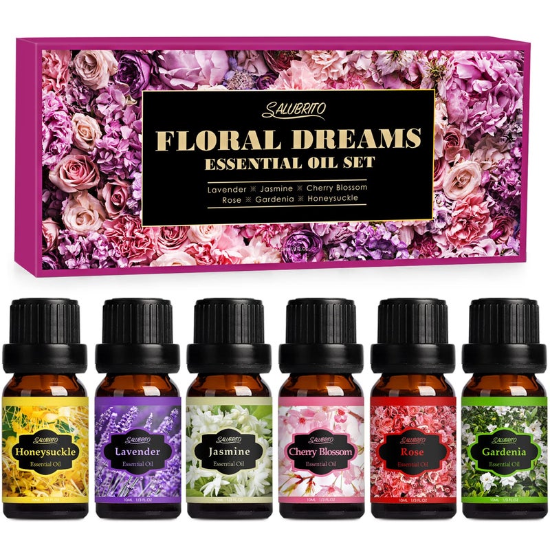 SALUBRITO Floral Fragrance Oils Set, Essential Oils for Diffuser & Candle Making Scents, 6x10ml Aromatherapy Oils Gift Set - Jasmine, Lavender, Rose, Gardenia, Cherry Blossom, Honeysuckle Oil - Image 1