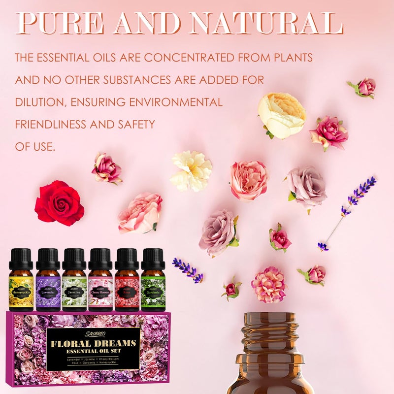SALUBRITO Floral Fragrance Oils Set, Essential Oils for Diffuser & Candle Making Scents, 6x10ml Aromatherapy Oils Gift Set - Jasmine, Lavender, Rose, Gardenia, Cherry Blossom, Honeysuckle Oil - Image 4