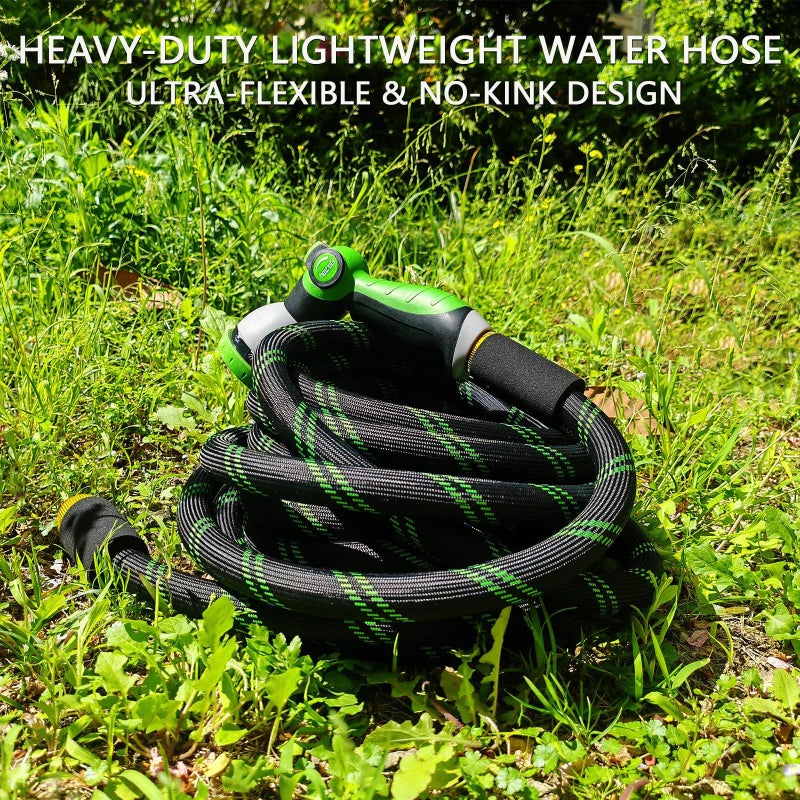 Junredy Garden Hose 50 FT, NON-EXPANDABLE Heavy-Duty Flexible & Lightweight Water Hose with 10-Function Nozzle, No-Kink, Leak-Proof Super Fabric, Solid Fittings for Lawn, Car, Outdoor (Black Green) - Image 4