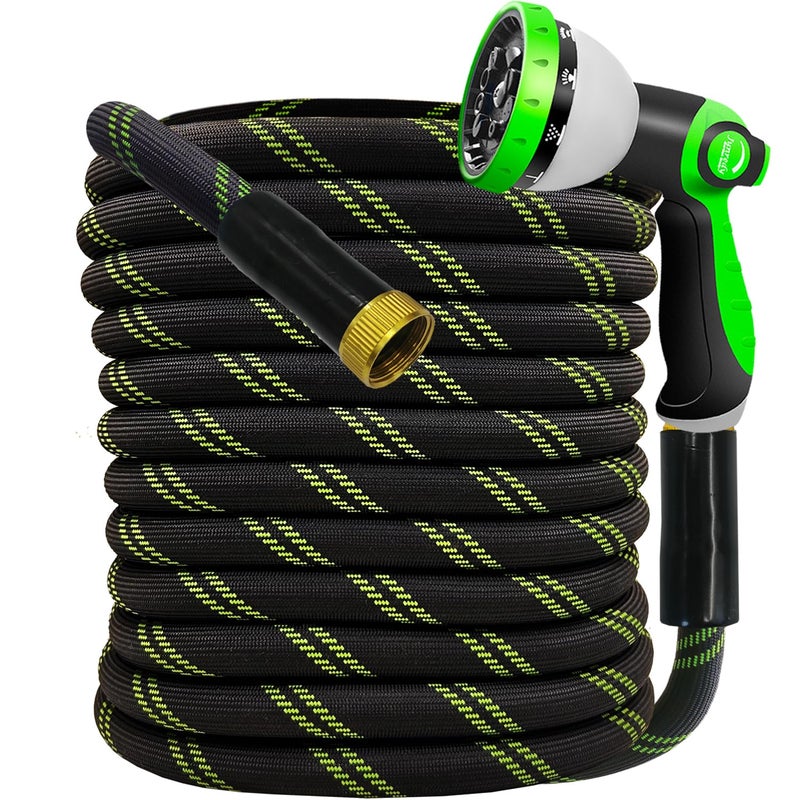 Junredy Garden Hose 50 FT, NON-EXPANDABLE Heavy-Duty Flexible & Lightweight Water Hose with 10-Function Nozzle, No-Kink, Leak-Proof Super Fabric, Solid Fittings for Lawn, Car, Outdoor (Black Green) - Image 1