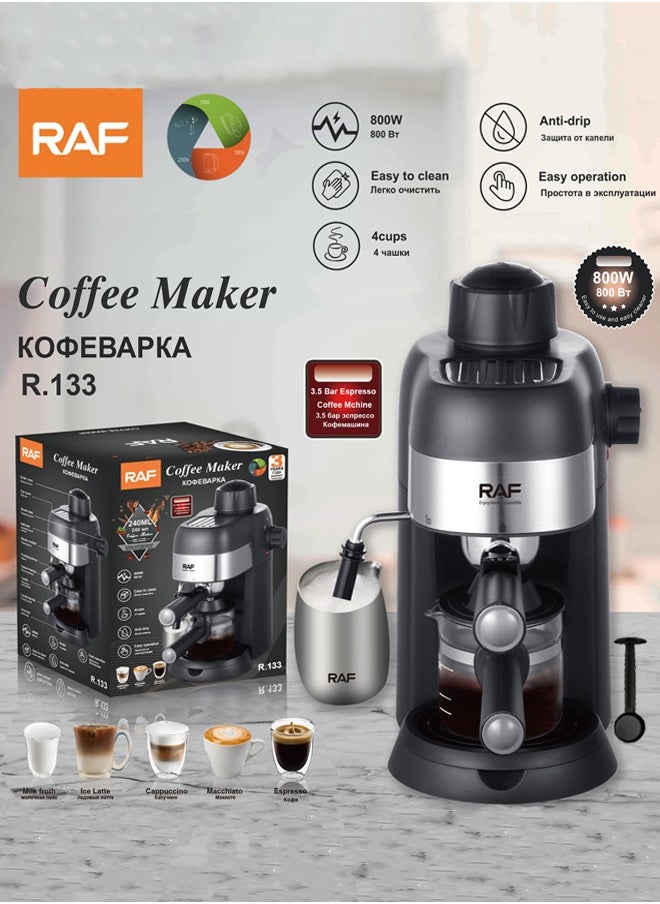 4 In 1 Automatic Espresso Machine,800W/240ML Cappuccino/Latte/Macchiato Coffee Machine with Automatic Milk Frother,3.5Bar Espresso Coffee Maker with Steamer,R.133,Black/Silver