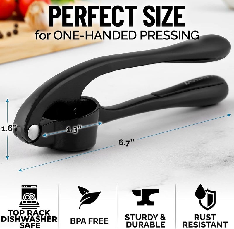 Zulay Kitchen Premium Garlic Press Set - Rust Proof & Dishwasher Safe Professional Garlic Mincer Tool - Easy-Squeeze, Easy-Clean with Soft, Ergonomic Handle - Silicone Garlic Peeler & Brush (Black) - Image 3