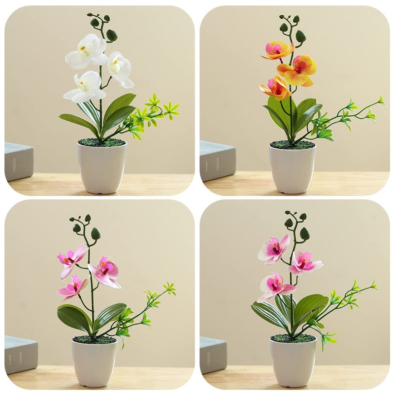 XONOR 4Pcs Artificial Orchid Flowers Mini Potted Orchid Flowers Fake Orchids with Plastic Vase for Home Office Wedding Table Centerpiece Decoration(White,Yellow,Pink,Light Pink) - Image 4