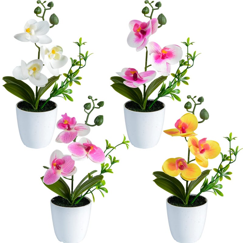 XONOR 4Pcs Artificial Orchid Flowers Mini Potted Orchid Flowers Fake Orchids with Plastic Vase for Home Office Wedding Table Centerpiece Decoration(White,Yellow,Pink,Light Pink) - Image 1