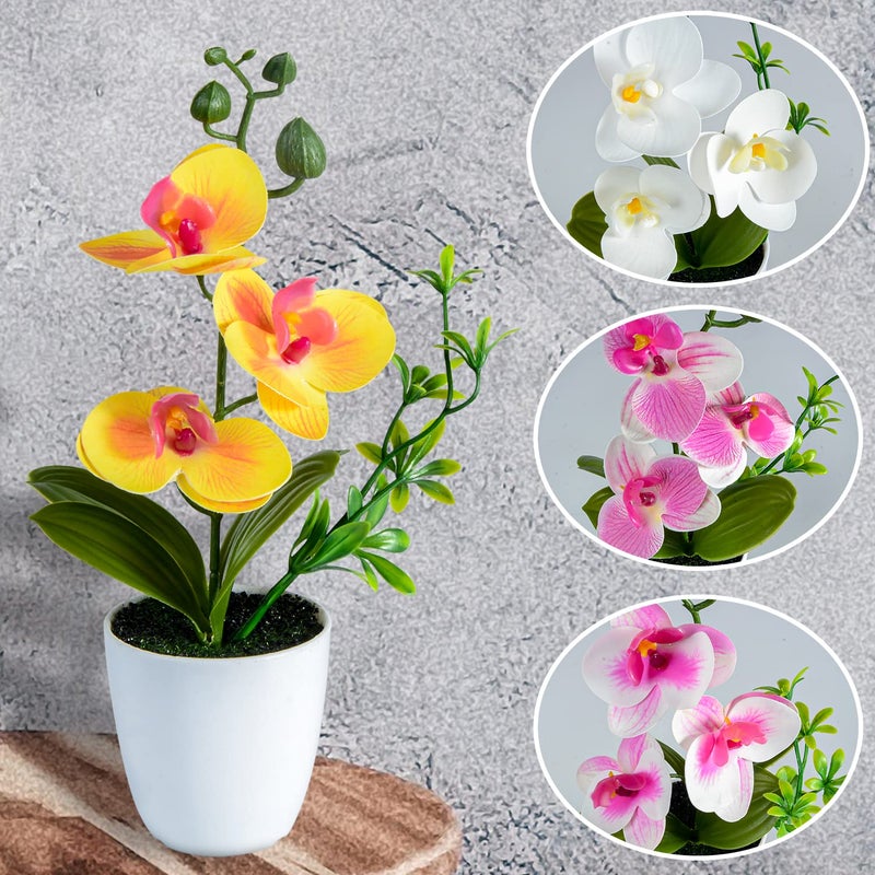 XONOR 4Pcs Artificial Orchid Flowers Mini Potted Orchid Flowers Fake Orchids with Plastic Vase for Home Office Wedding Table Centerpiece Decoration(White,Yellow,Pink,Light Pink) - Image 3
