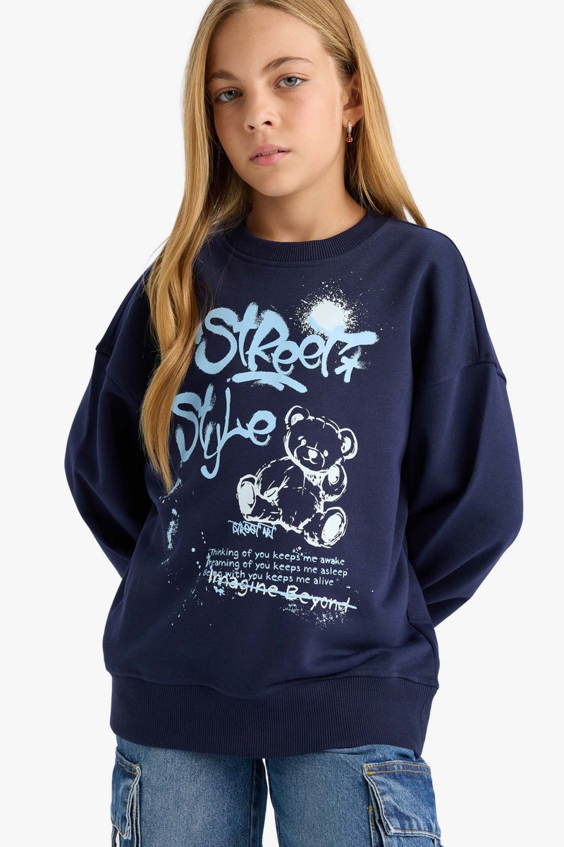 DeFacto Blue Girl Girl Oversize Crew Neck Printed Back Sweatshirt Casual - Image 1
