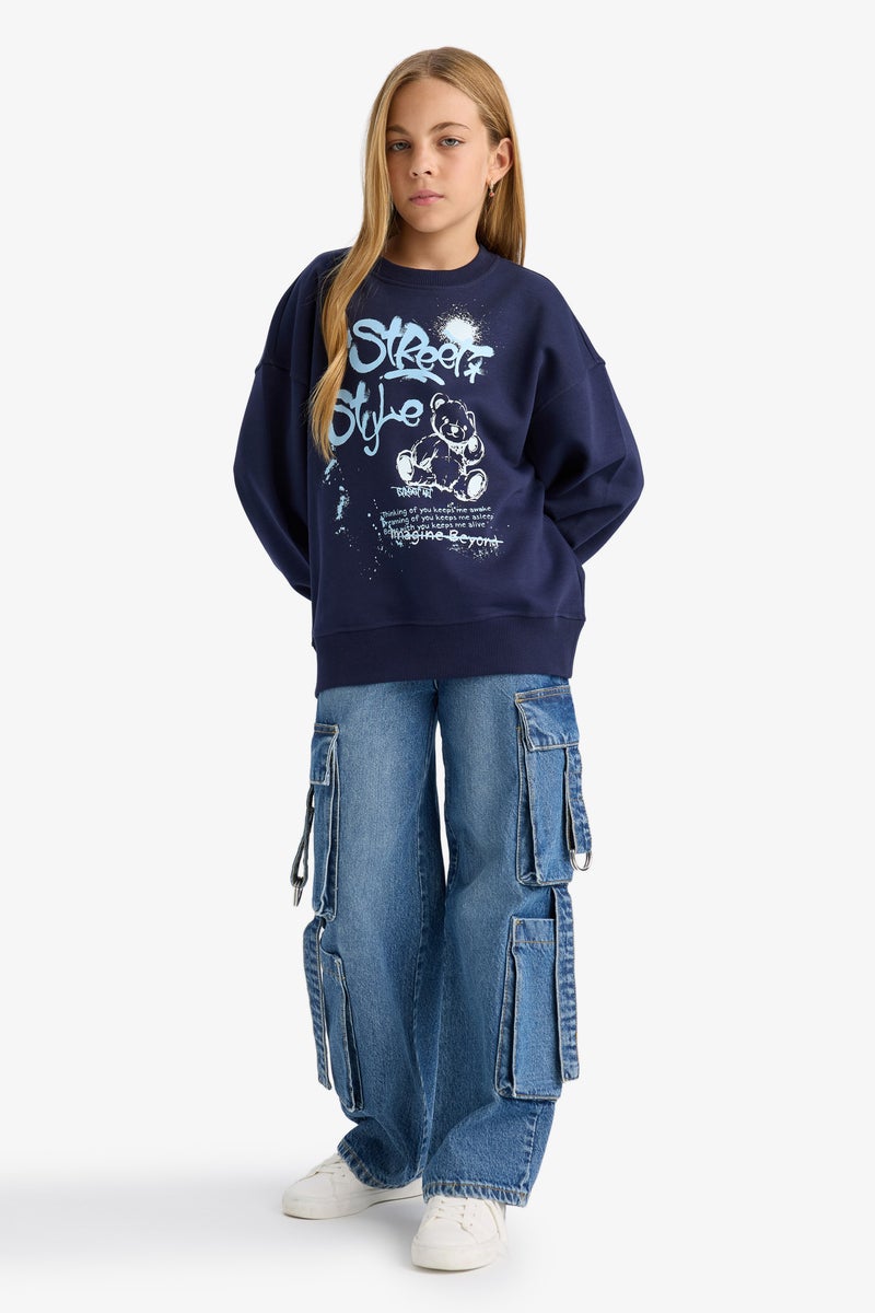 DeFacto Blue Girl Girl Oversize Crew Neck Printed Back Sweatshirt Casual - Image 2