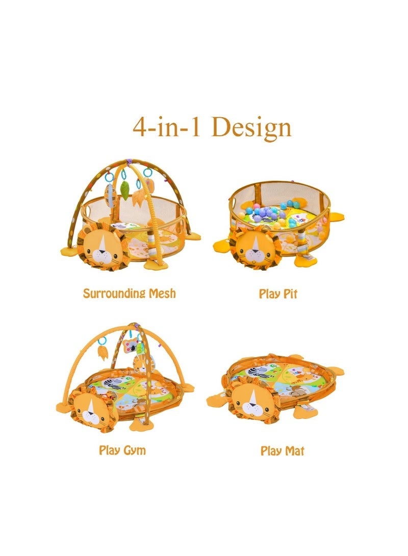 Arabest 4-in-1 Baby Activity Gym, Infant Play Lion Mat with 4 Hanging Toys, Detachable Arch, Storage Bags and 30 Colorful Balls, Toddler Floor Ball Pit Pool for Boys Girls. - Image 2