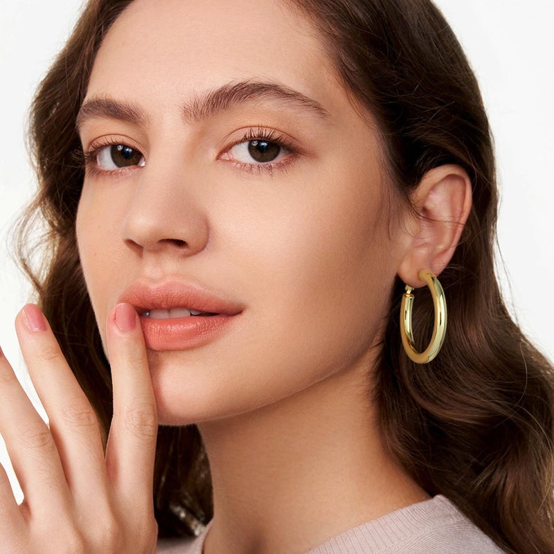 SHOWNII Chunky Gold Hoop Earrings - 14K Gold Plated Earrings for Women Hollow Tube Lightweight Thick Hoops Valentines Mother's Day Birthday Gifts - Image 2