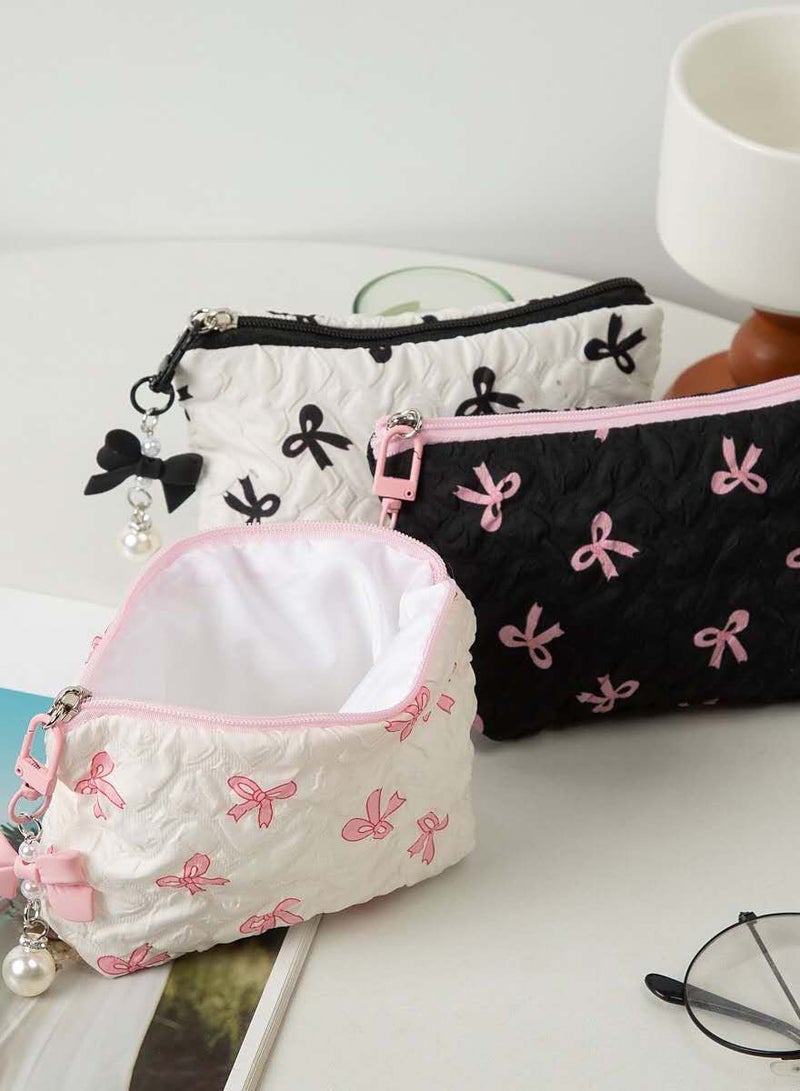 حقيبة مستحضرات تجميل جذابة باللون الأسود والوردي مع عقدة، منظم مكياج محمول مع زخارف اللؤلؤ للنساء، صغيرة، 14*2.5*10 سم - Image 3